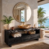Freestanding Solid Wood Bathroom Vanity | Live Edge Bathroom Vanity with Open Shelf & Three Drawers TT006-7CUG6CN