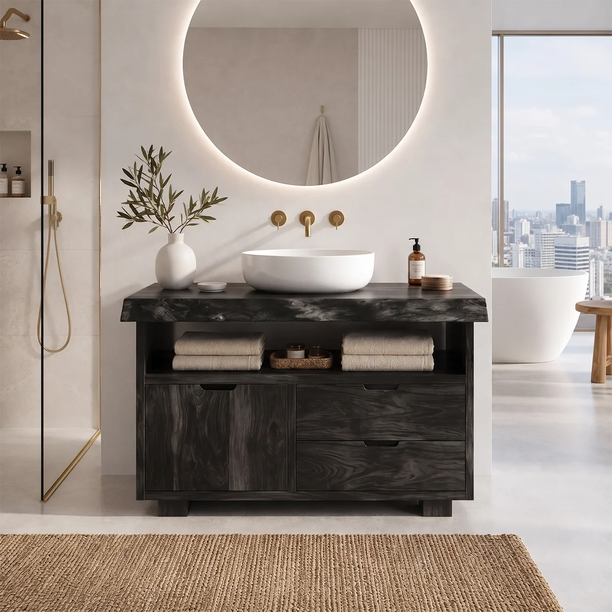 Freestanding Bathroom Vanity with Storage & Open Shelf | Live Edge Modern Design