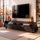 Modern Curved TV Stand with 3 Drawers & Long Open Media Shelf