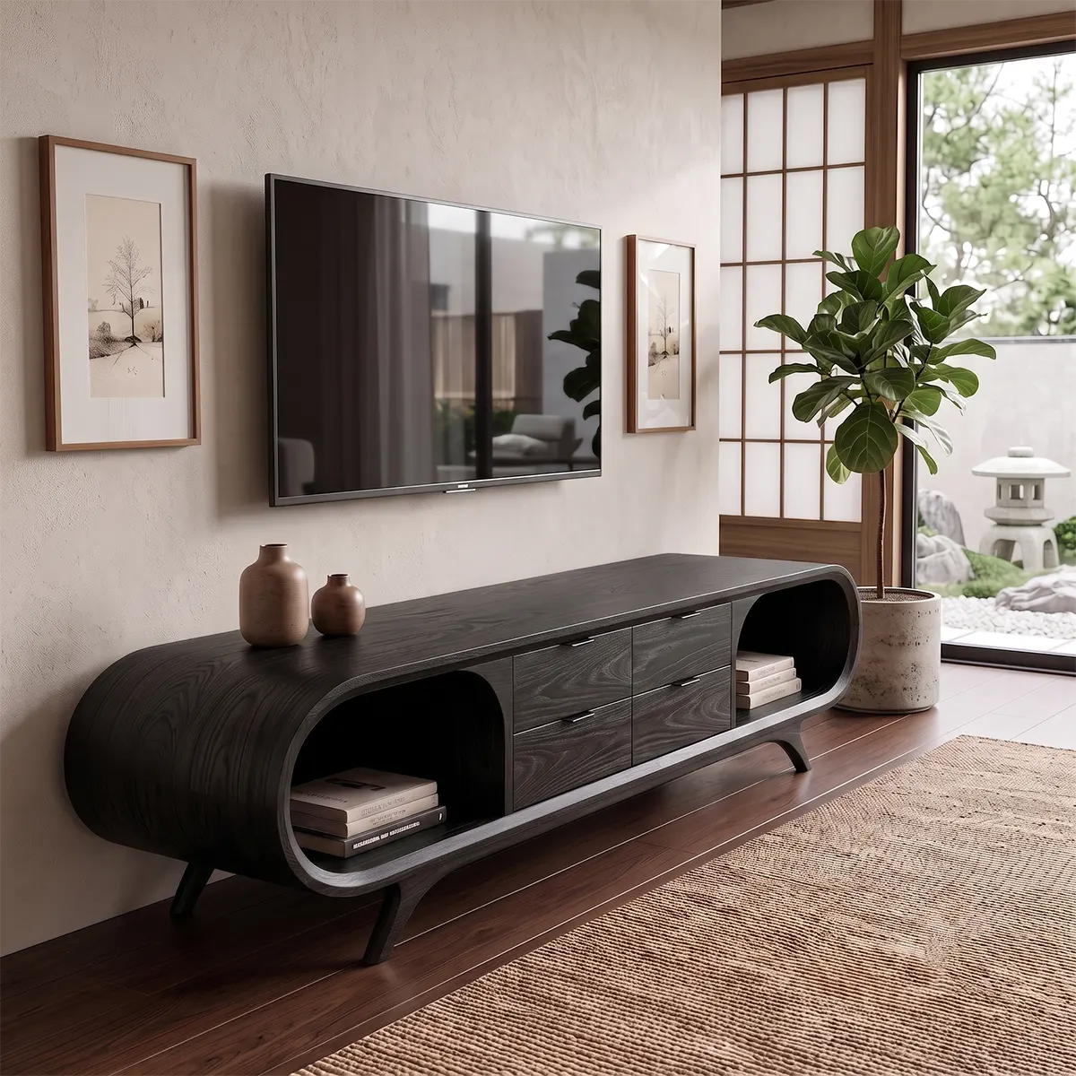 Modern Curved TV Stand with 4 Drawers & 2 Open Shelves | Sculptural Media Console