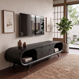 Modern Curved TV Stand with 4 Drawers & 2 Open Shelves | Sculptural Media Console