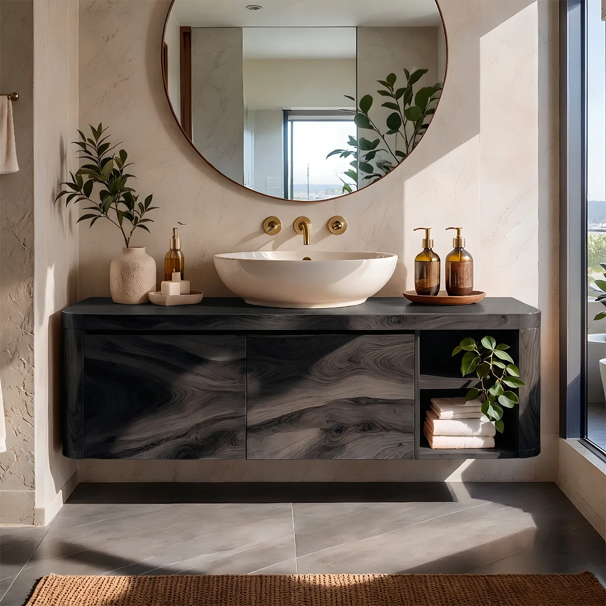 Floating Solid Wood Bathroom Vanity | Wall Mounted Single Sink Vanity with 2 Hinged Cabinets & Open Shelf TT006-6DFI9SI