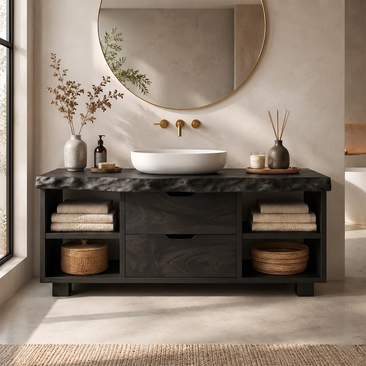 Freestanding Bathroom Vanity with Drawers & Open Shelves | Live Edge Wood Vanity Cabinet
