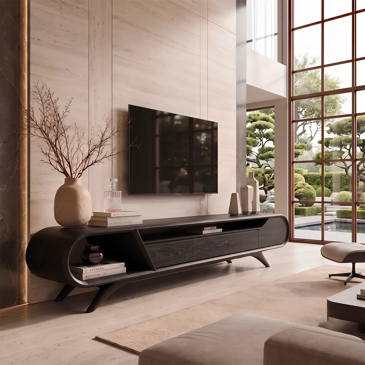 Modern Curved TV Stand with 3 Drawers & Open Storage Areas | Sculptural Media Console