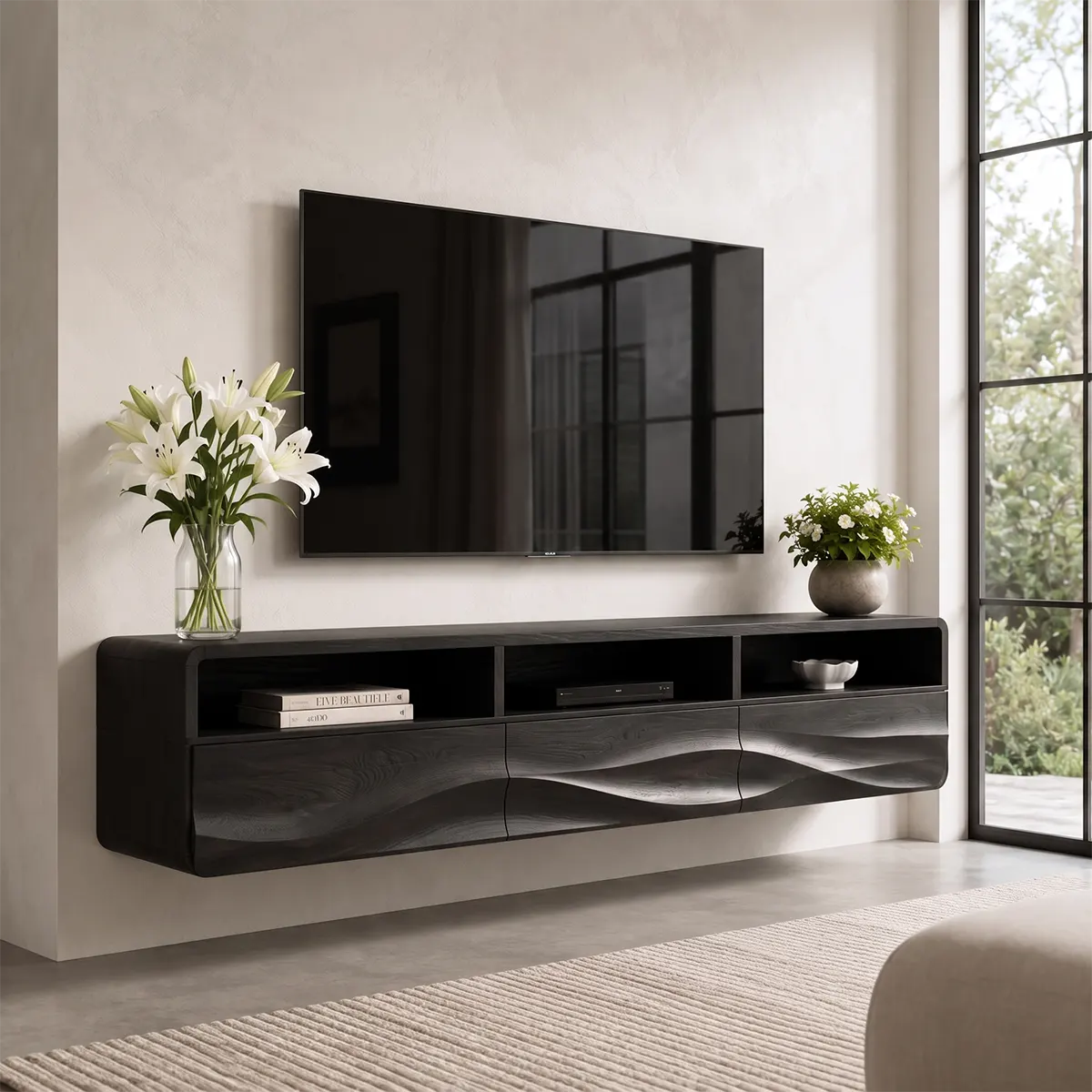 Organic Modern Floating TV Stand with Open Shelving & Three Drawers TT006-8JIK6GK