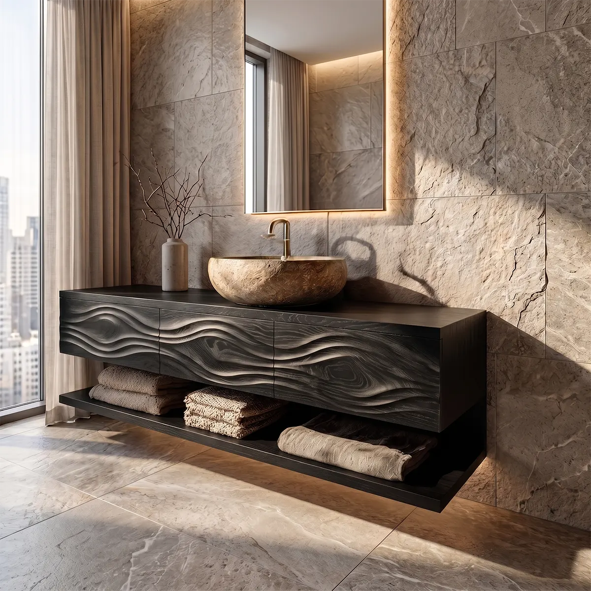 Floating Bathroom Vanity with 3 Drawers & Full-Length Open Shelf | Sculptural Wave Front Design