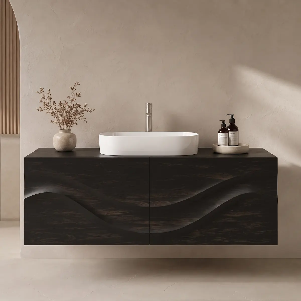 Floating Bathroom Vanity with 2 Doors | Sculpted Wave Front Wall Mounted Vanity Cabinet