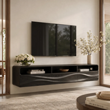 Floating TV Stand with Open Shelving & Three Drawers | Organic Modern TV Console TT006-5STK9KO