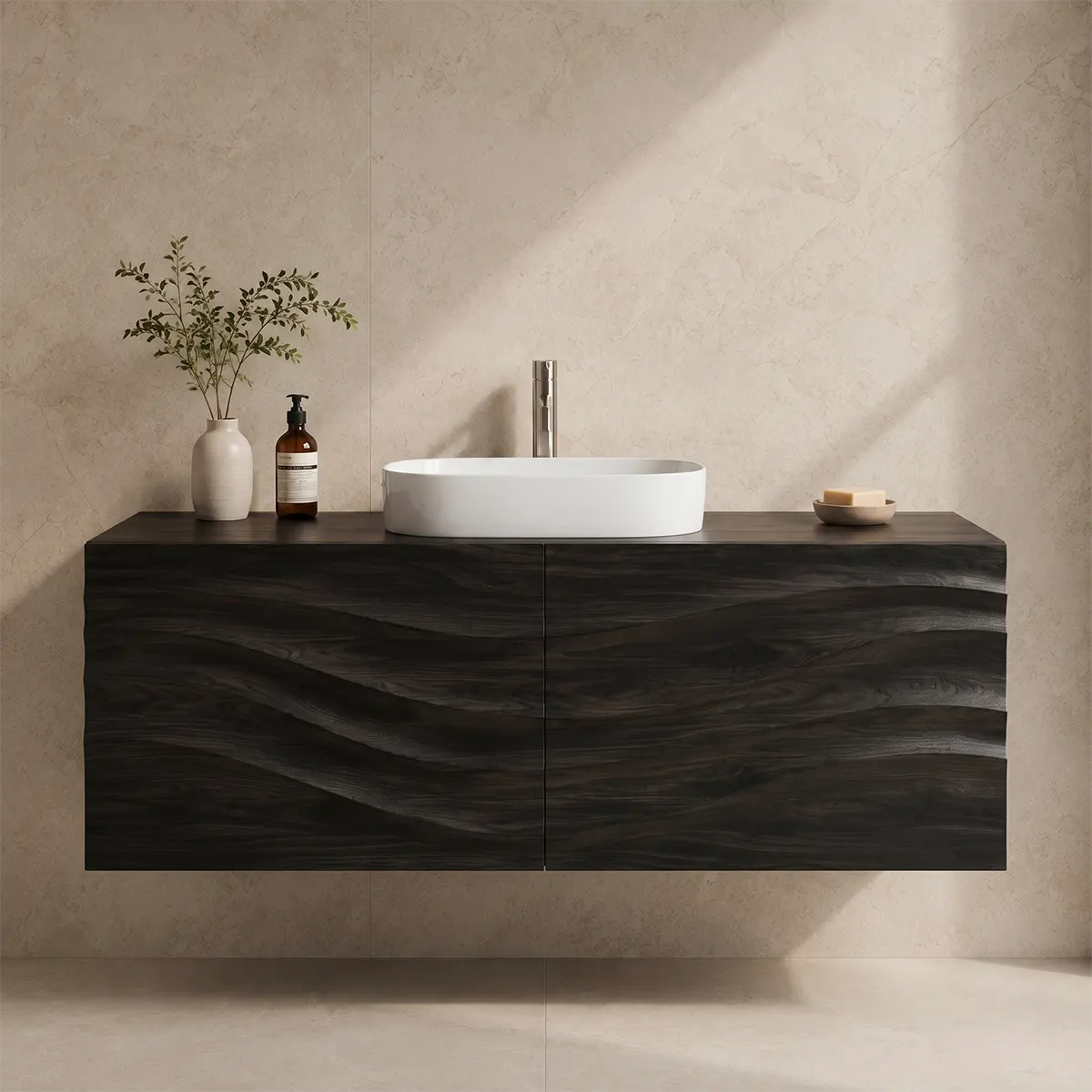 Floating Bathroom Vanity with 2 Doors | Carved Wave Front Wall Mounted Vanity Cabinet