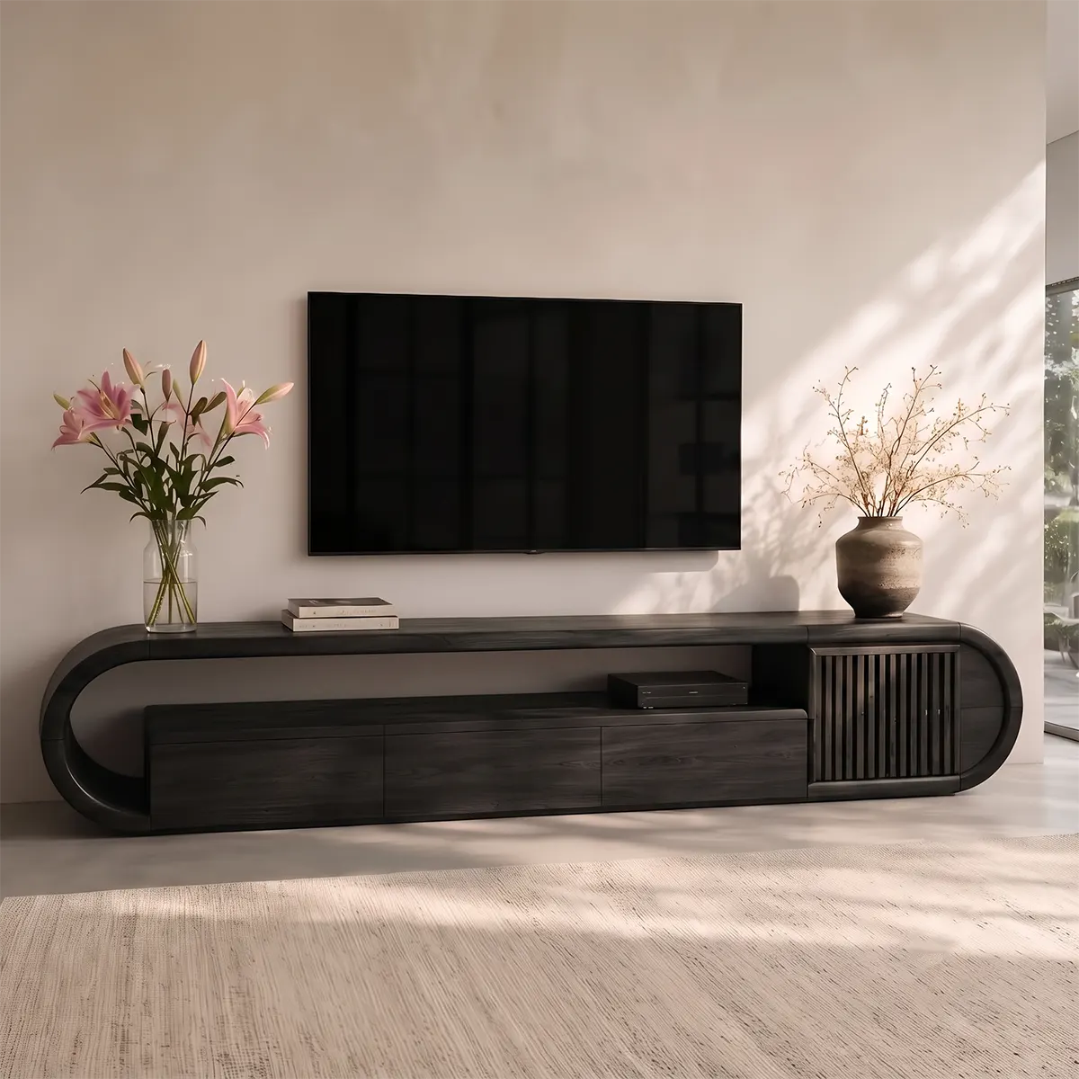 Modern TV Stand with 3 Drawers, Open Shelf & Fluted Cabinet | Curved Media Console