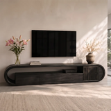 Modern TV Stand with 3 Drawers, Open Shelf & Fluted Cabinet | Curved Media Console