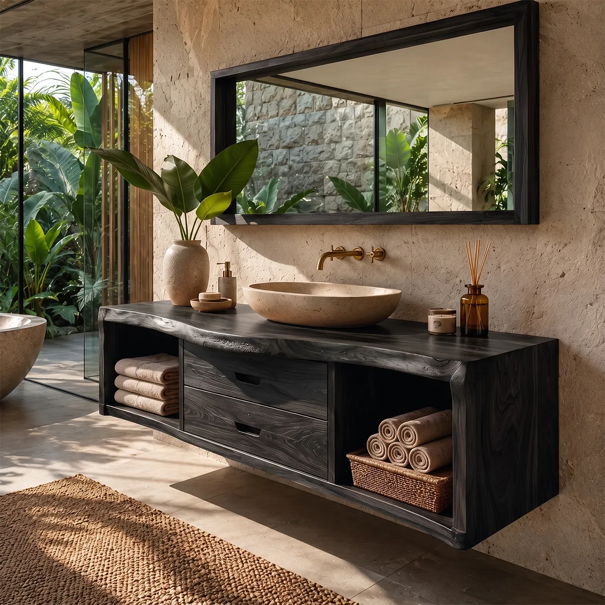Floating Solid Wood Bathroom Vanity | Live Edge Bathroom Vanity with Double Drawers and Open Storage Shelves TT006-2IAU5HX