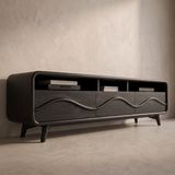 Modern Wave Front TV Stand with 3 Drawers & Open Storage | Curved Entertainment Console