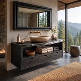 Floating Solid Wood Bathroom Vanity | Live Edge Bathroom Vanity with Three Soft-Close Drawers and Open Shelf TT006-3KMK1JL
