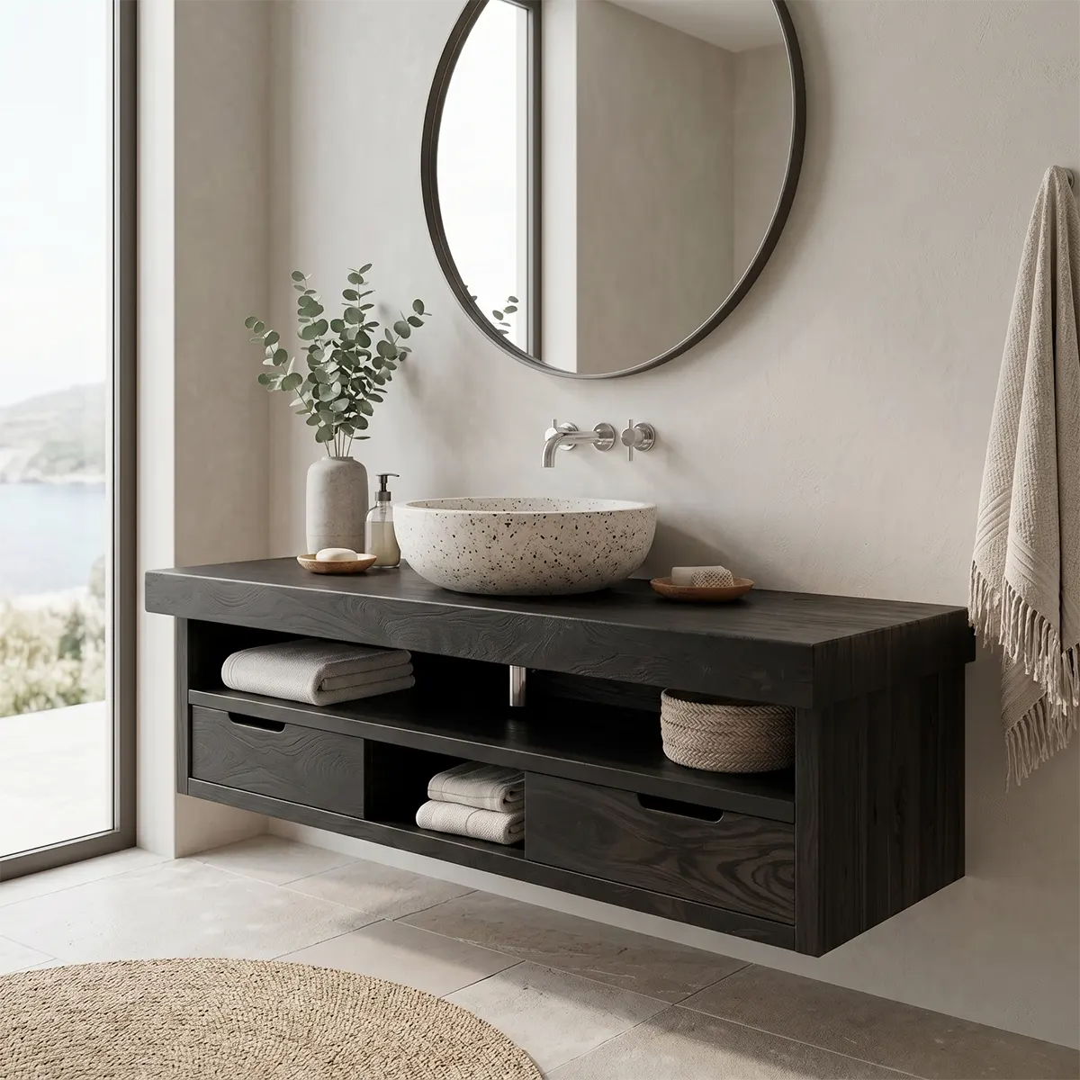 Floating Solid Wood Bathroom Vanity | Modern Bathroom Vanity with Double Drawers and Open Shelf TT006-4876