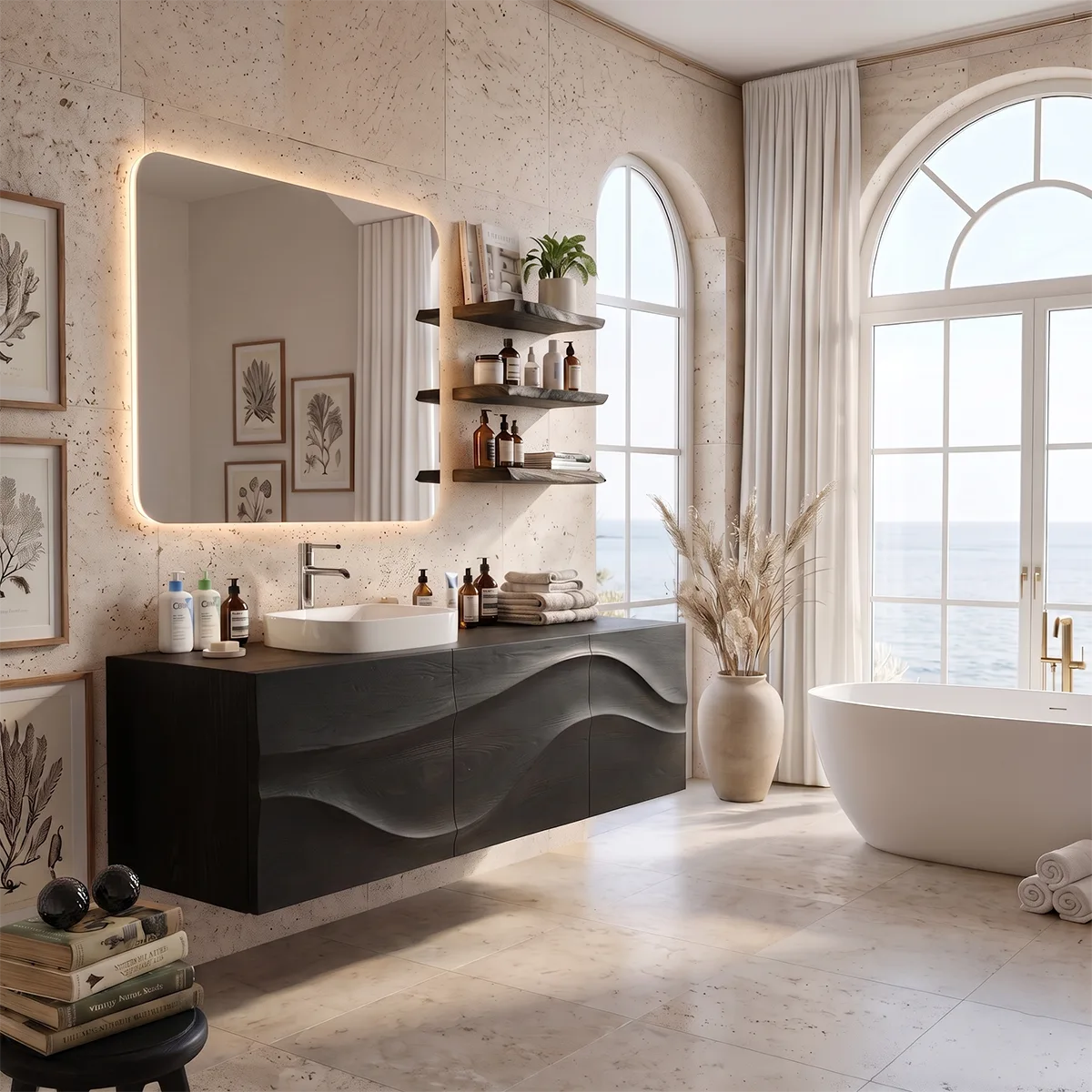 Floating Bathroom Vanity with 3 Doors | Sculpted Wave Front Wall Mounted Vanity Cabinet