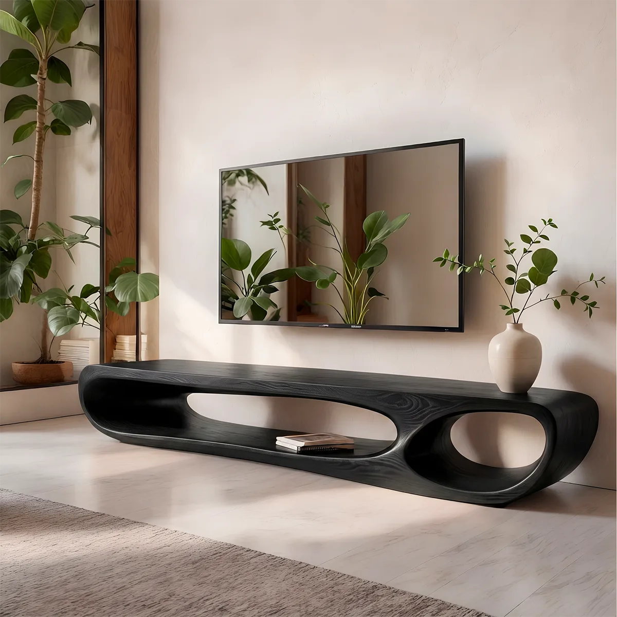 Modern Sculptural TV Stand with Open Display Shelves | Organic Media Console TT006-2SJT8FS