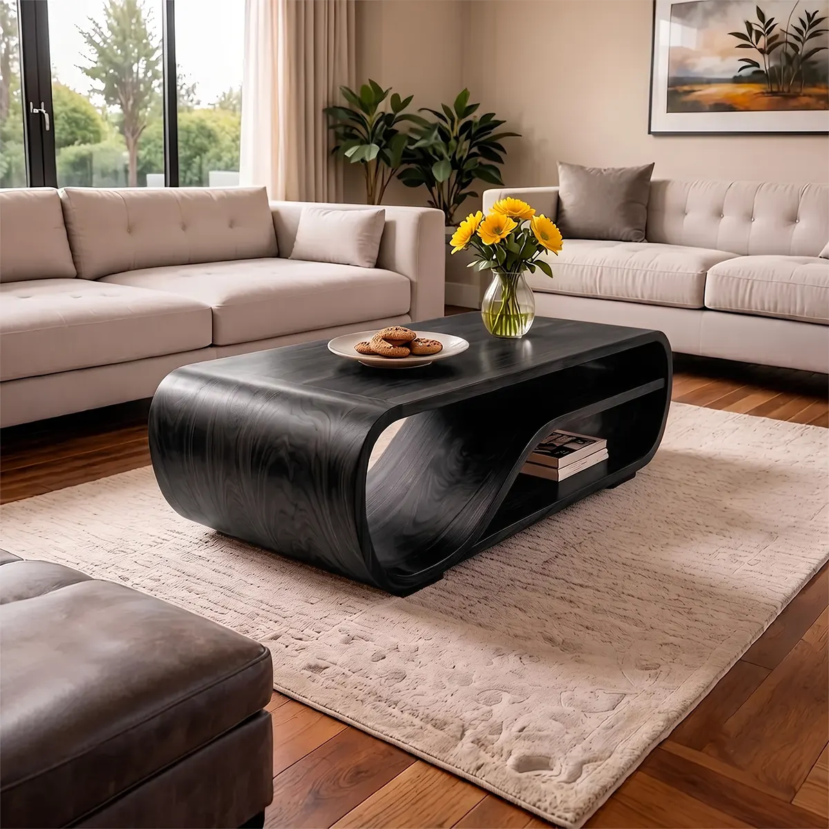 Curved Solid Wood Coffee Table with Storage | Modern Sculptural Living Room Center Table TT006-2757