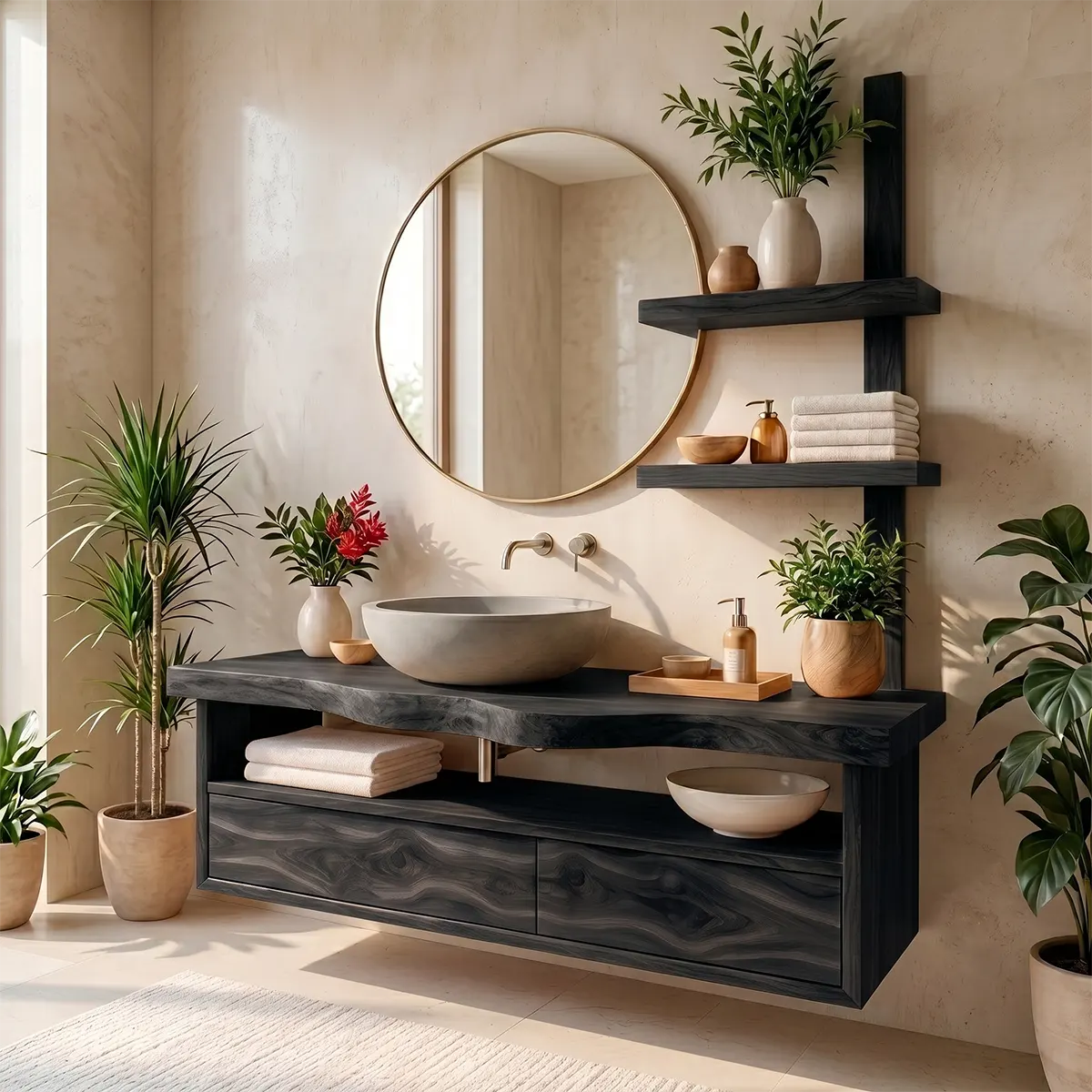 Floating Solid Wood Bathroom Vanity | Modern Bathroom Vanity with Double Drawers and Open Shelf TT006-7HIS6ML