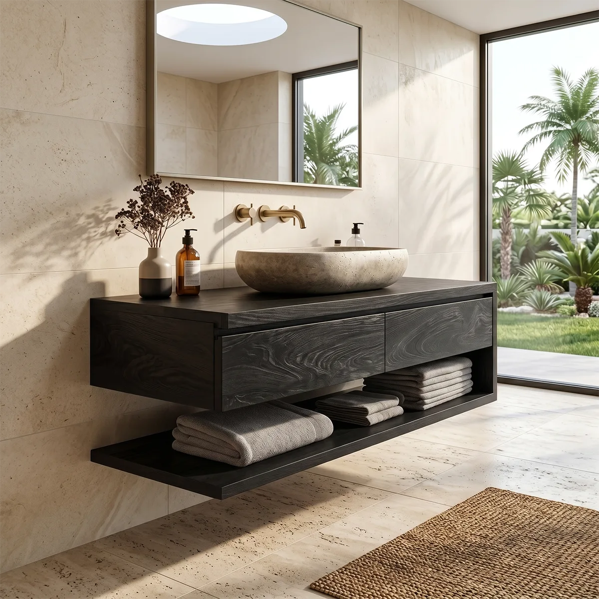 Floating Bathroom Vanity with 2 Drawers & Open Shelf | Modern Minimalist Wall Mounted Design