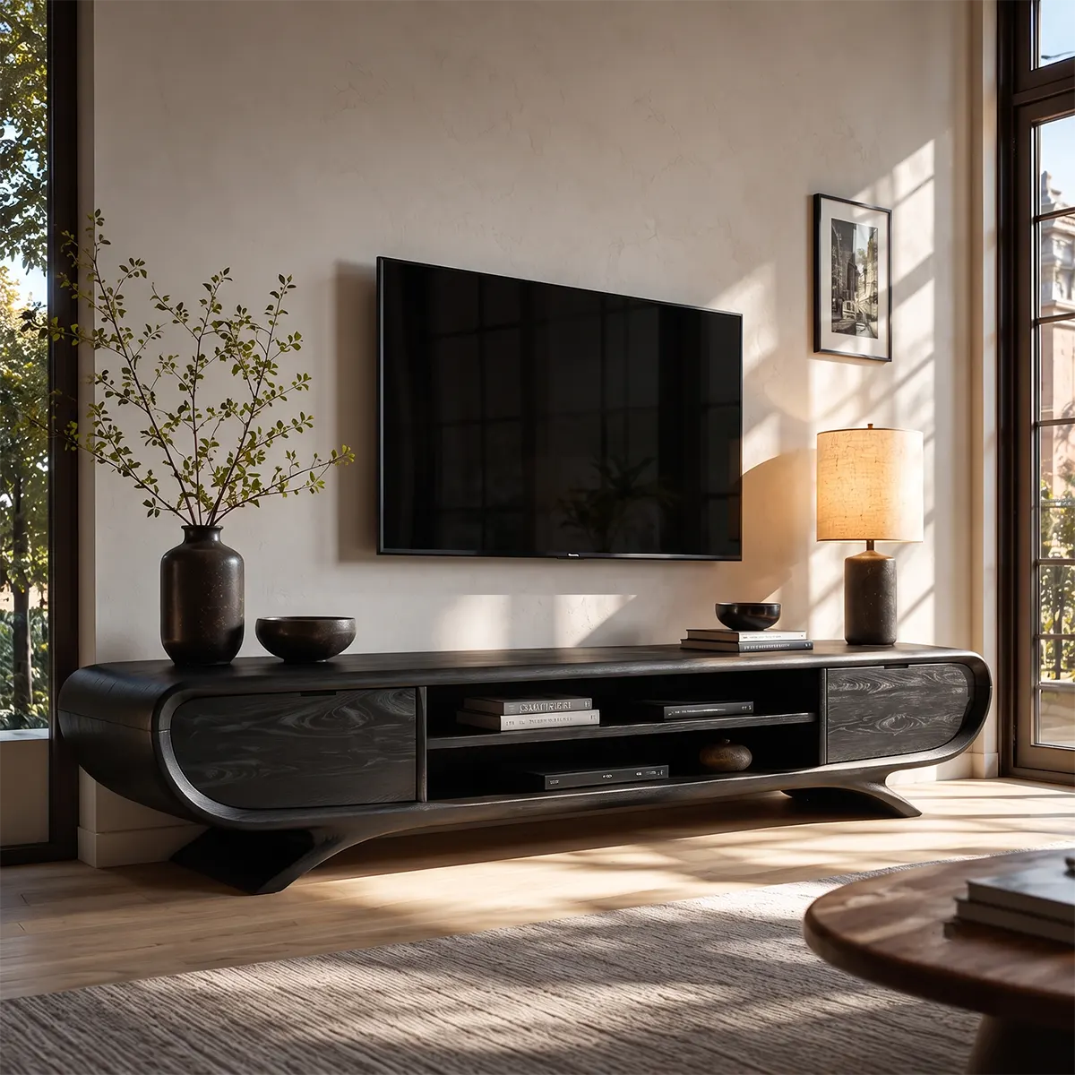 Sculptural Curved TV Stand with Open Media Shelves & Concealed Storage | Modern Entertainment Console