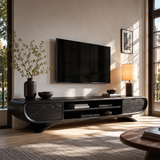 Sculptural Curved TV Stand with Open Media Shelves & Concealed Storage | Modern Entertainment Console
