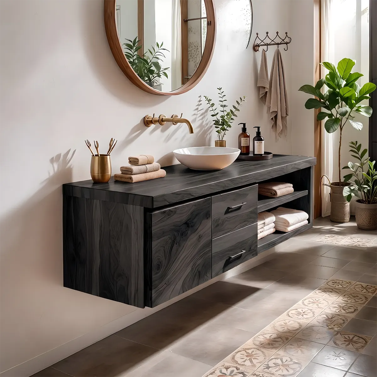 Floating Solid Wood Bathroom Vanity | Live Edge Wood Vanity with Soft-Close Drawers & Open Shelves TT006-1WVD8ID