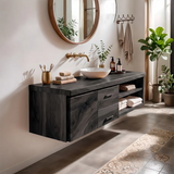 Floating Solid Wood Bathroom Vanity | Live Edge Wood Vanity with Soft-Close Drawers & Open Shelves TT006-1WVD8ID