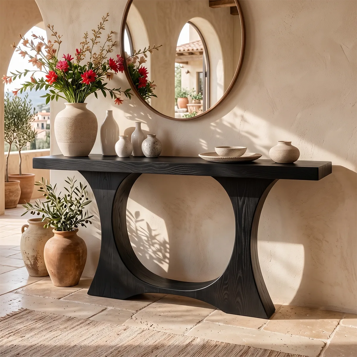 Modern Wooden Console Table with Sculptural Circular Base for Entryway & Hallway TT006-5238