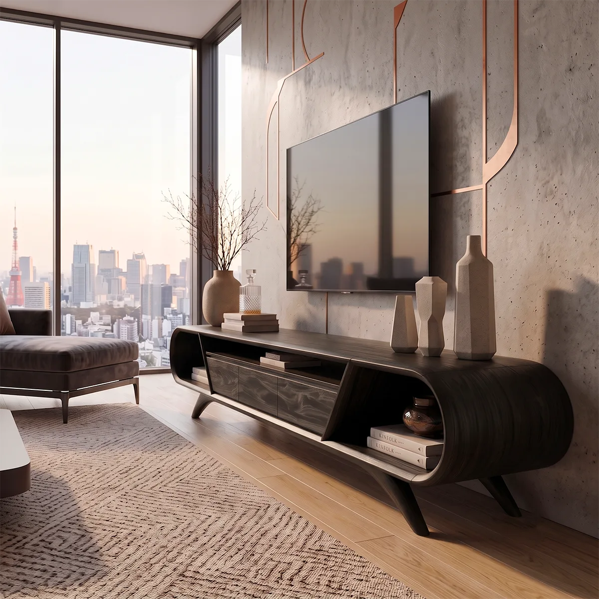 Modern Curved TV Stand with 3 Drawers & 3 Open Storage Areas | Sculptural Media Console
