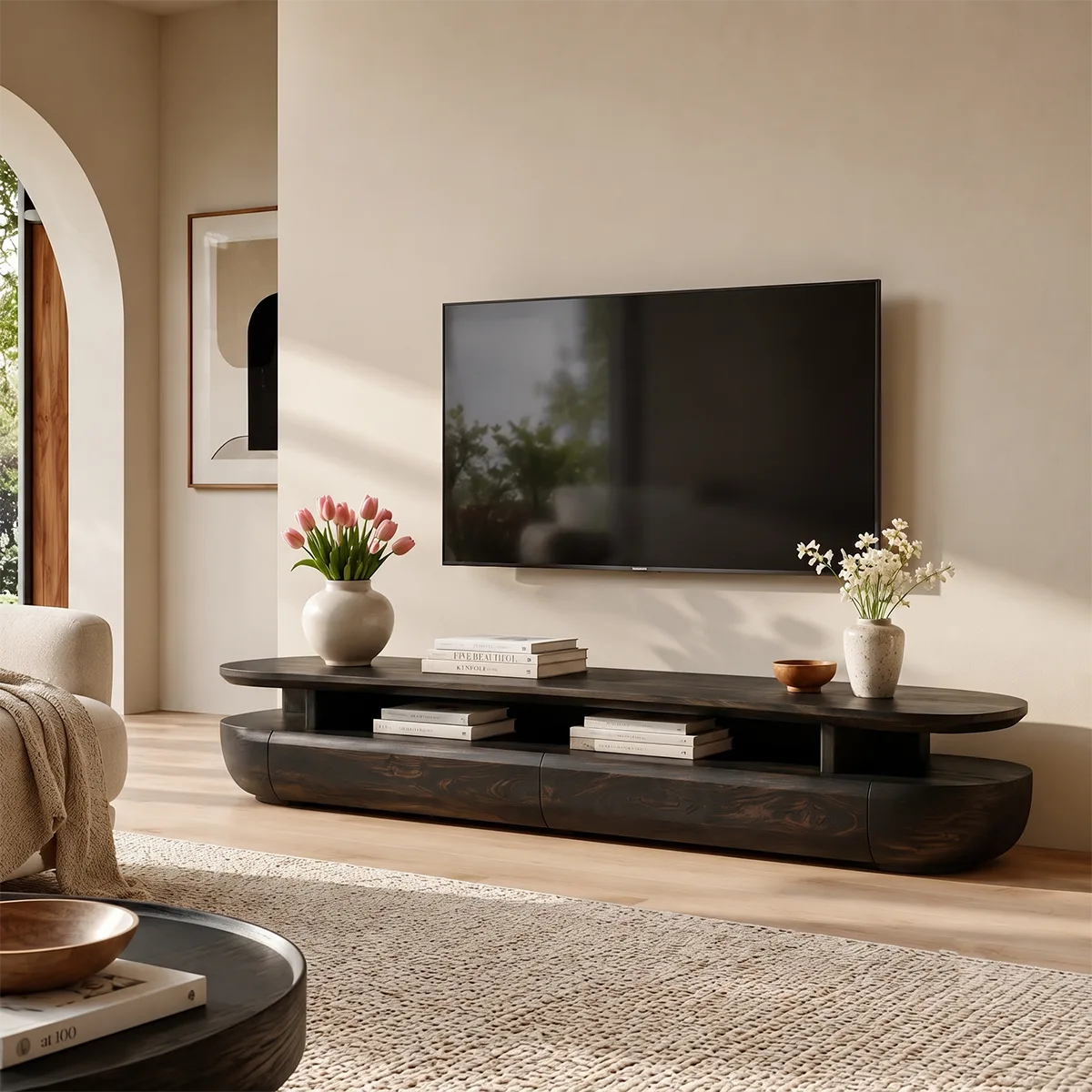 Organic Modern TV Stand with Open Shelf & 2 Drawers | Modern Media Console TT006-1JRE9PZ