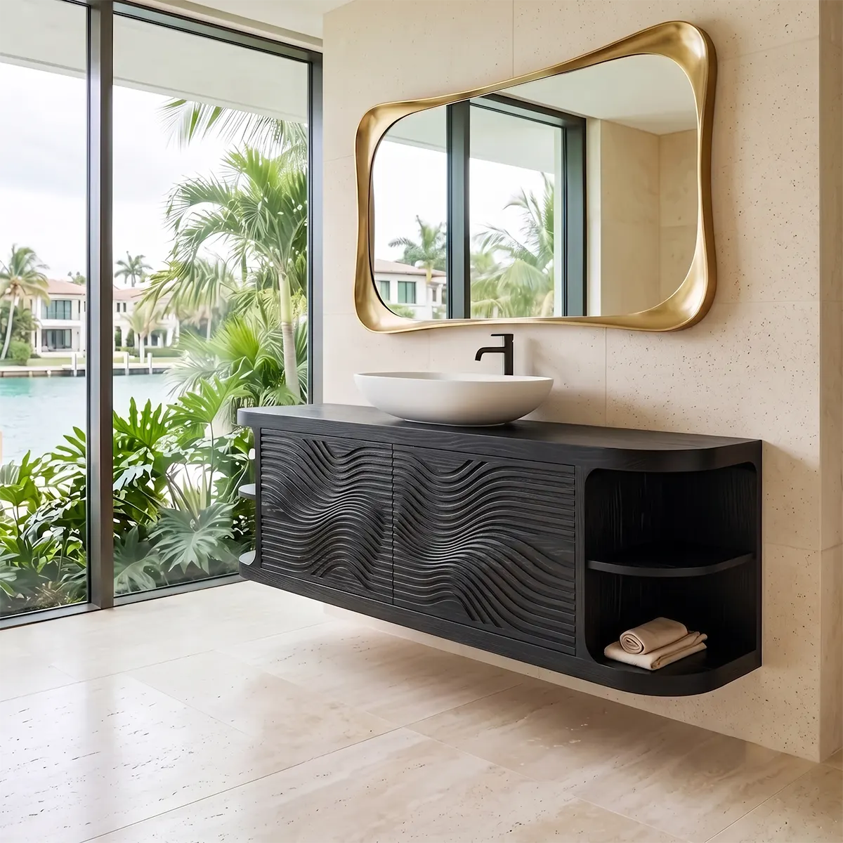 Floating Solid Wood Bathroom Vanity with Double-Door Cabinet & Open Shelves | Wall Mounted Bathroom Vanity with Wave Carved Doors TT006-3MZX2XI