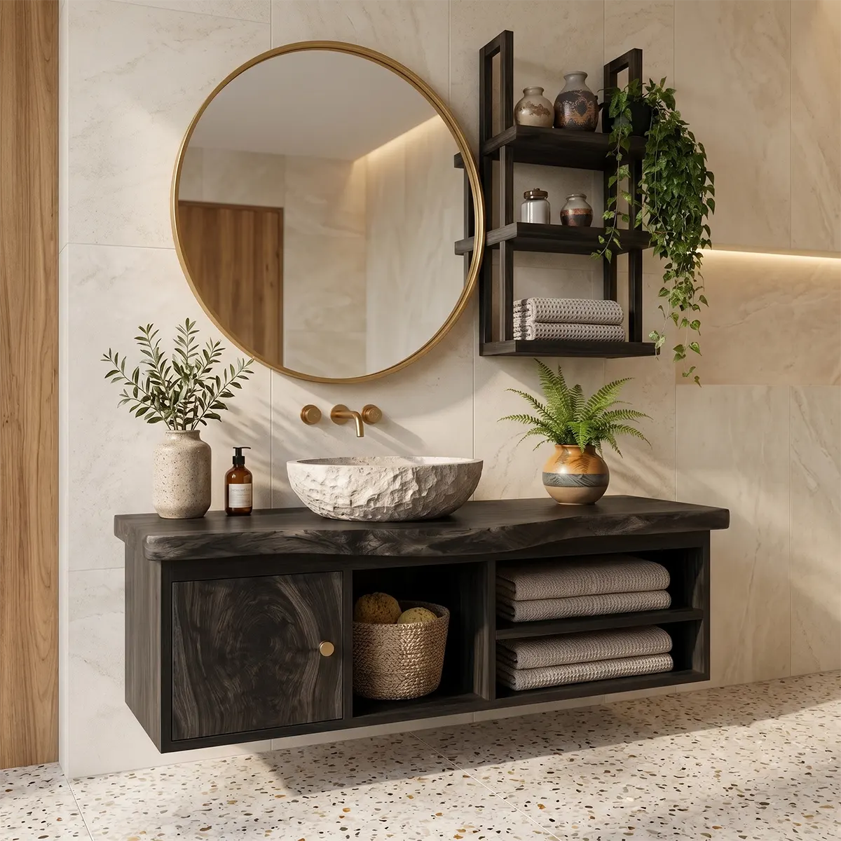 Floating Solid Wood Bathroom Vanity | Modern Bathroom Vanity with Open Storage and Cabinet TT006-3250