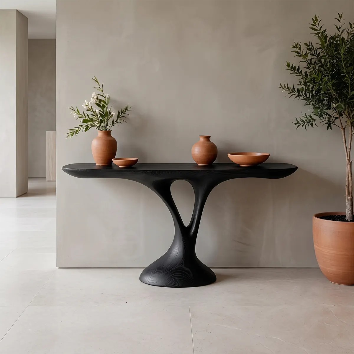 Organic Modern Console Table with Sculptural Pedestal Base for Entryway & Living Room TT006-2903