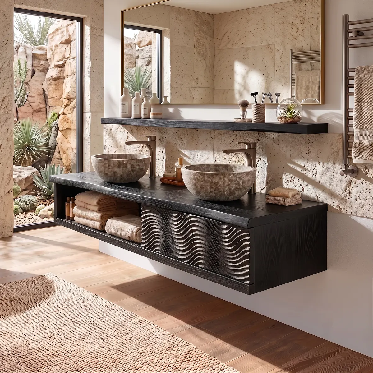 Floating Double Sink Solid Wood Bathroom Vanity | Live Edge Wood Vanity with Open Shelf & Carved Hinged Cabinet TT006-9PJD5EI