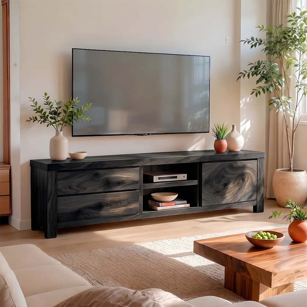 Modern TV Stand with 2 Drawers, Open Shelves & Enclosed Cabinet | Contemporary Media Console