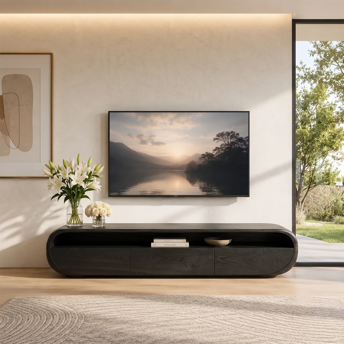 Organic Modern TV Stand with Open Shelf & 3 Drawers | Modern Media Console TT006-5REB7GU
