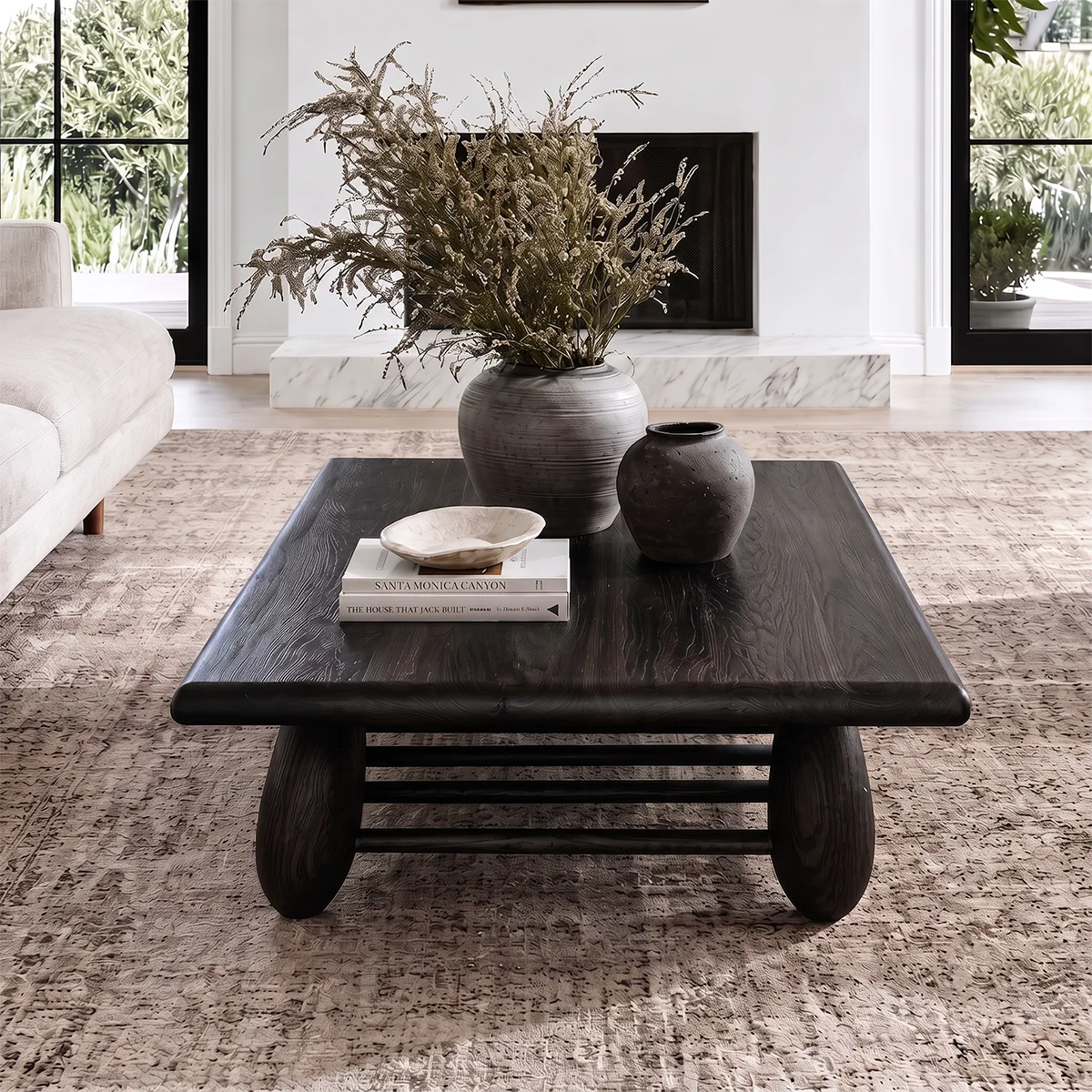 Rounded Rectangle Coffee Table with Slatted Storage Shelf | Modern Organic Center Table