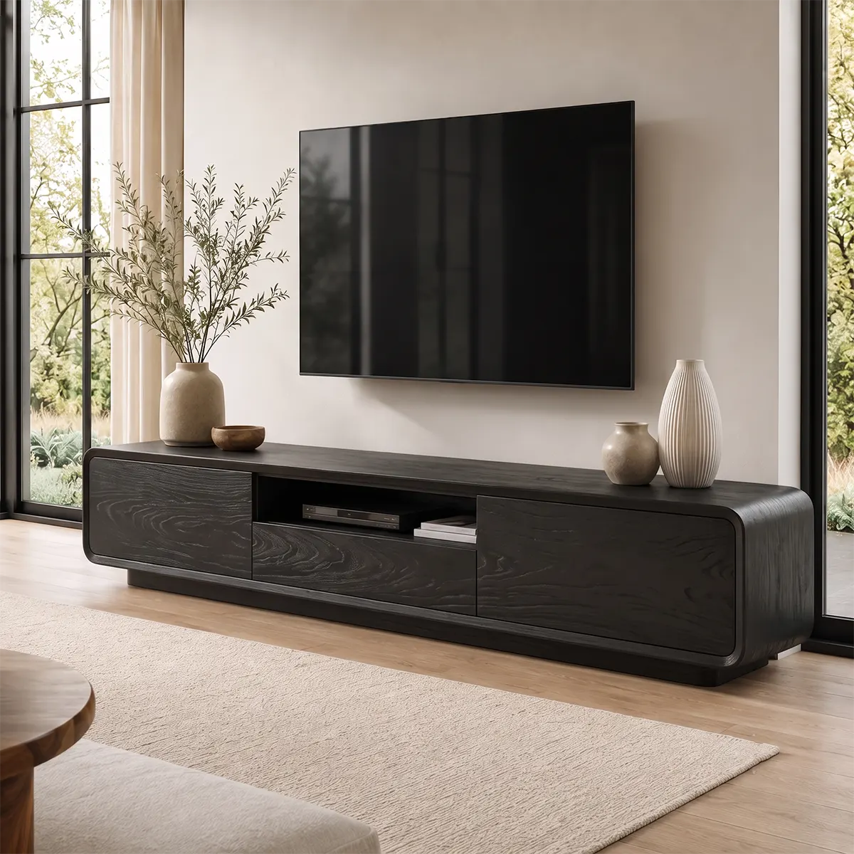 Modern Curved TV Stand with Drawer, Cabinet & Open Shelf | Low Profile Media Console