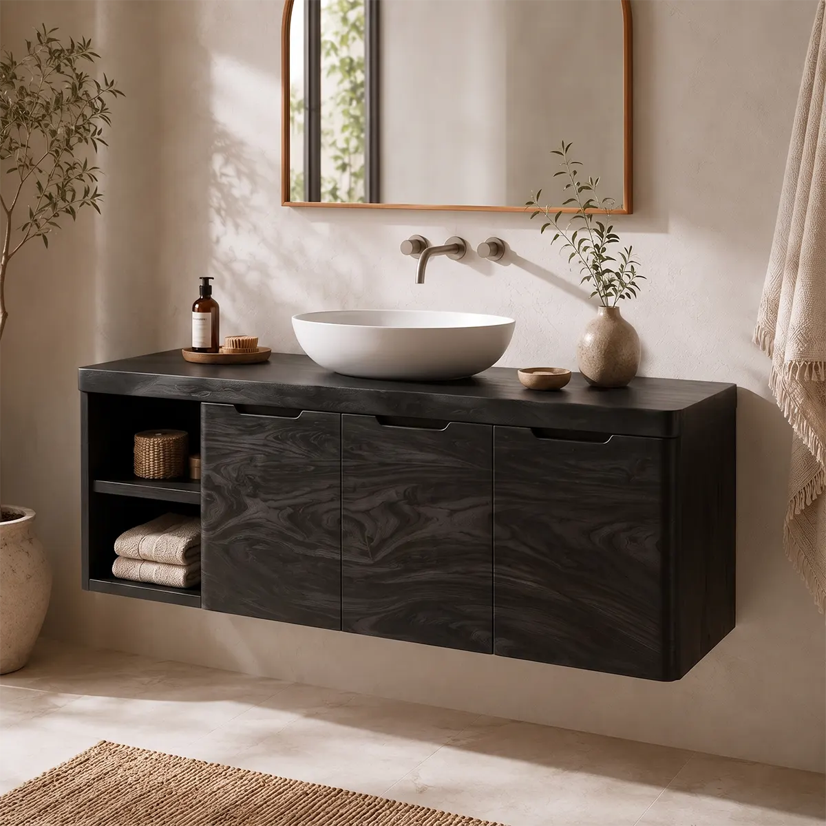 Floating Solid Wood Bathroom Vanity with Open Shelves & Hinged Cabinets | Wall Mounted Bathroom Vanity with Double-Door Storage TT006-4CCT8FL