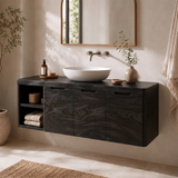Floating Solid Wood Bathroom Vanity with Open Shelves & Hinged Cabinets | Wall Mounted Bathroom Vanity with Double-Door Storage TT006-4CCT8FL