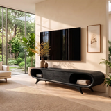Sculptural Curved TV Stand with 2 Concealed Storage Compartments & Open Shelves | Modern Media Console
