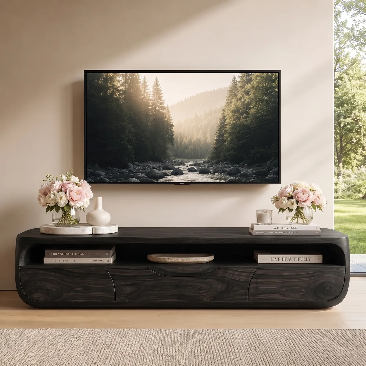 Modern TV Stand with Open Display Shelf & Storage Drawers TT006-5QMV1KJ