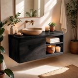 Floating Solid Wood Bathroom Vanity with Single-Door Cabinet & Open Shelves | Wall Mounted Bathroom Vanity with Fixed Storage TT006-5WWS2ST