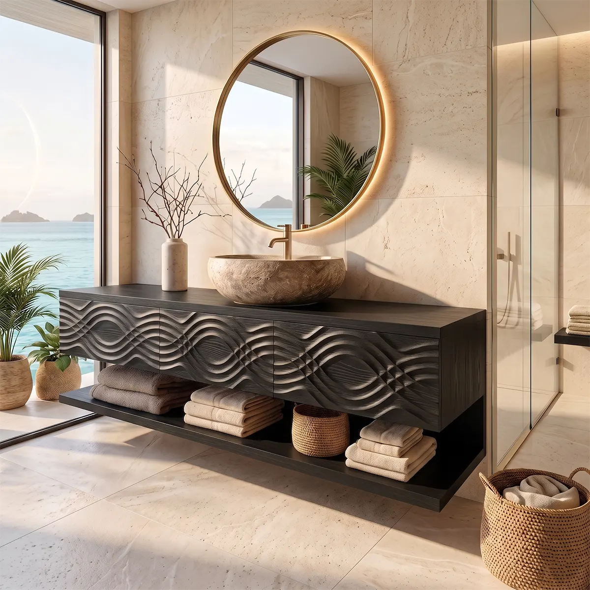 Floating Bathroom Vanity with 3 Drawers & Open Shelf | Carved Wave Front Modern Design