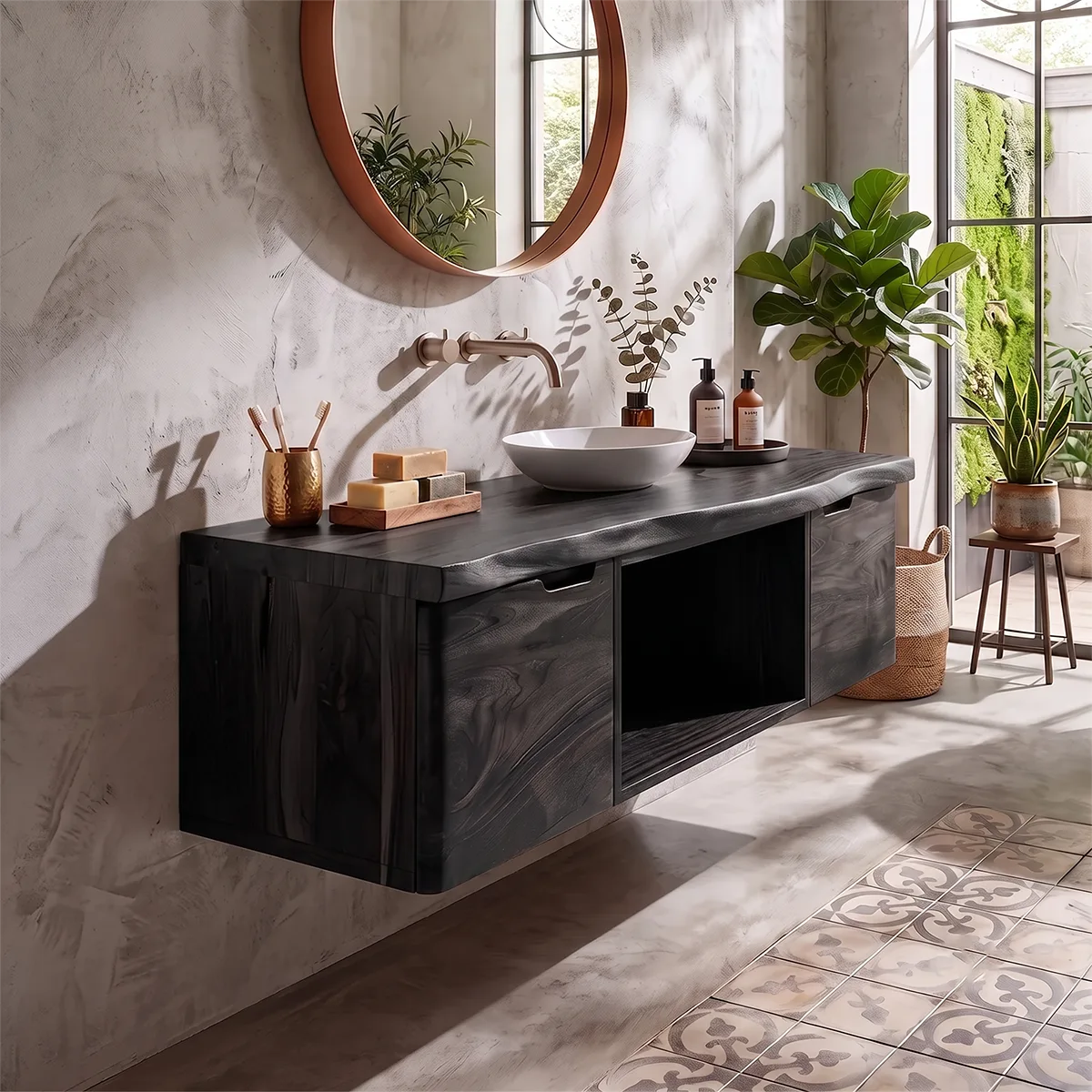 Floating Solid Wood Bathroom Vanity | Live Edge Bathroom Vanity with Double Door Storage and Open Shelf TT006-5OZQ9AW