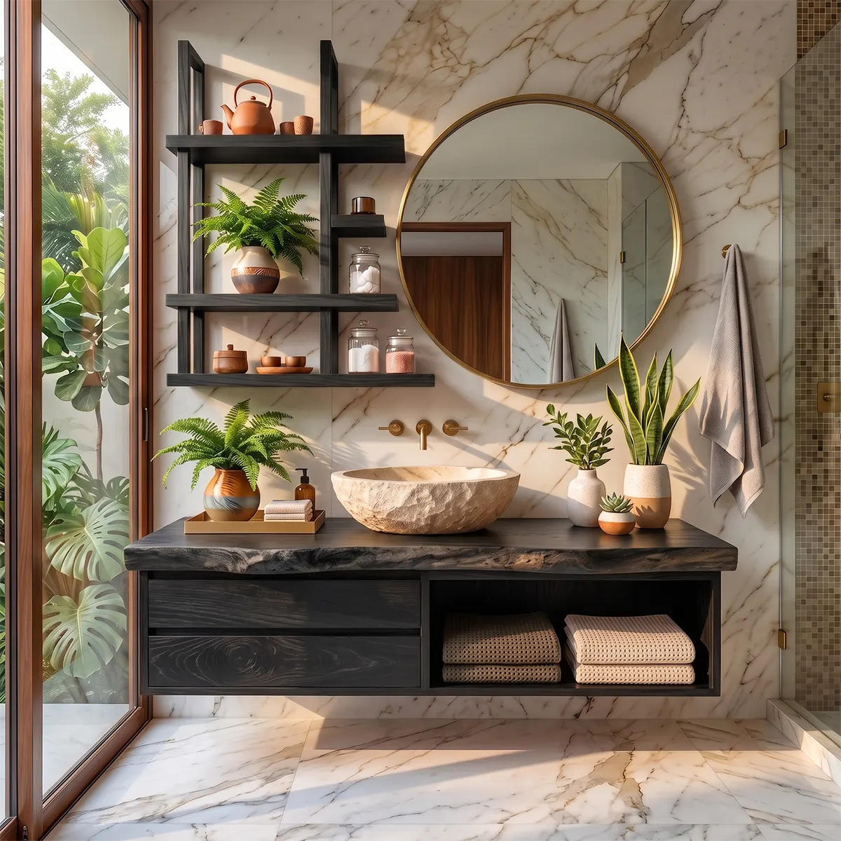 Floating Solid Wood Bathroom Vanity with Drawers & Open Shelf | Wall Mounted Bathroom Vanity with Live Edge Countertop TT006-5OAT6SE