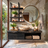 Floating Solid Wood Bathroom Vanity with Drawers & Open Shelf | Wall Mounted Bathroom Vanity with Live Edge Countertop TT006-5OAT6SE