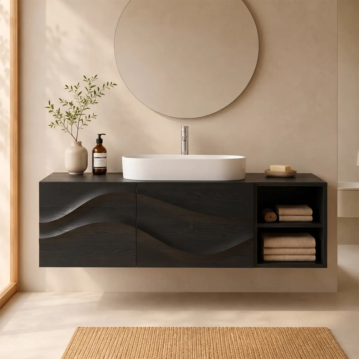 Floating Bathroom Vanity with 2 Doors | Carved Wave Front & Open Storage Shelves