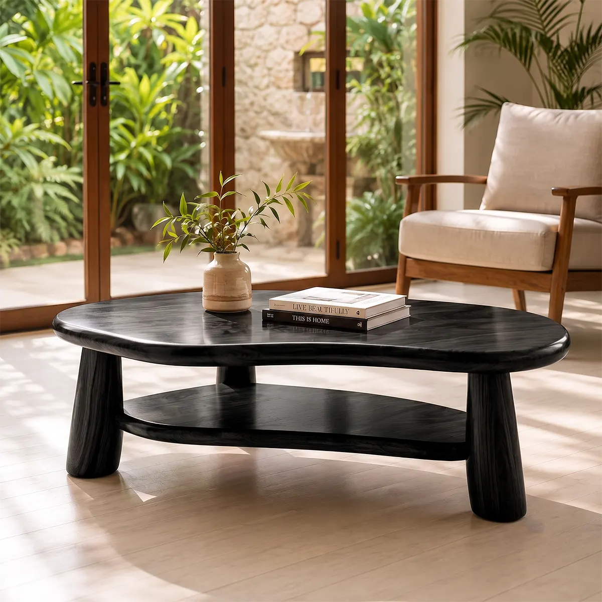 Organic Solid Wood Coffee Table with Storage Shelf | Modern Rustic Living Room Table TT006-2547